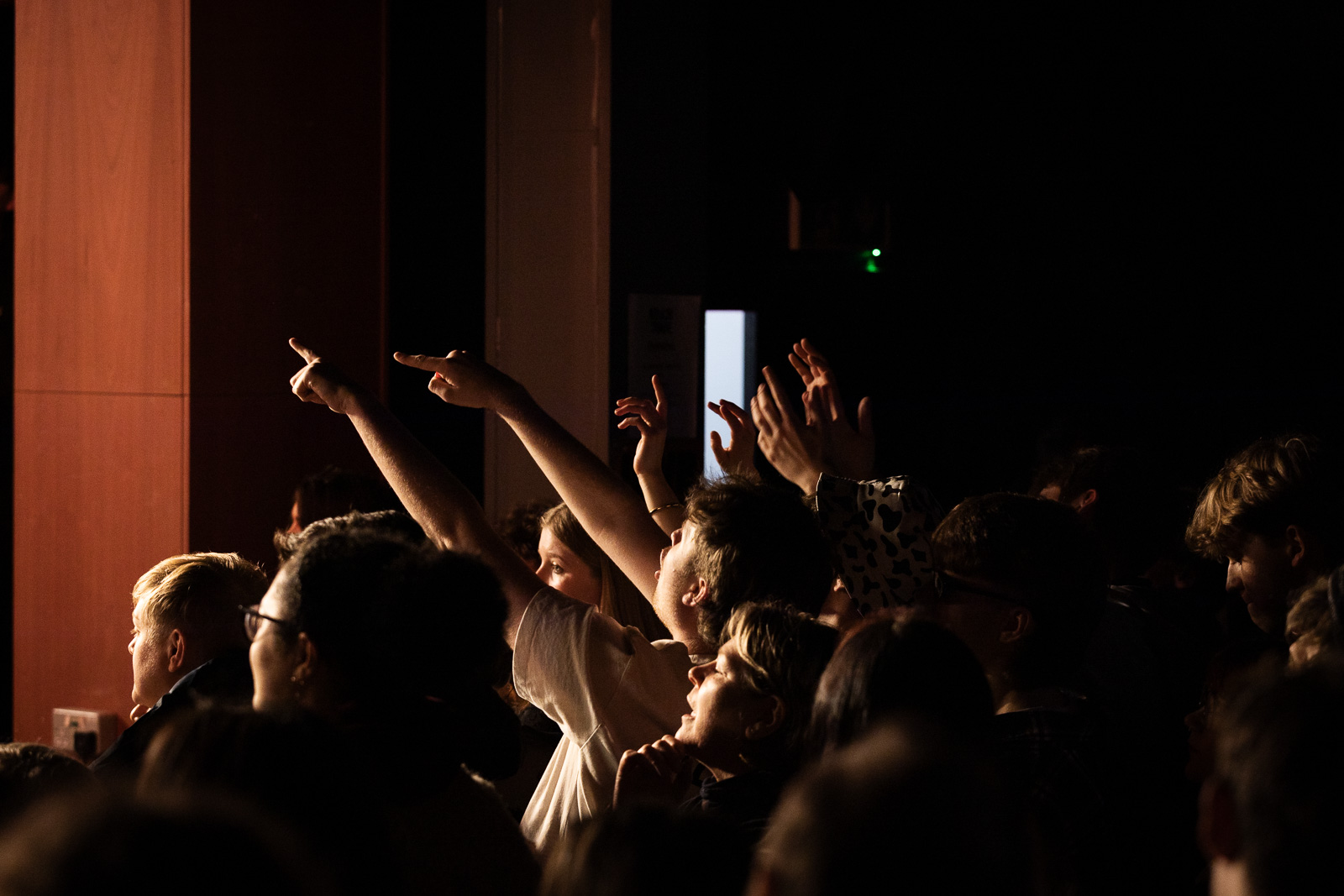 A crowd watching the performance on stage, singing along, pointing with their arms in the air towards the performers. 